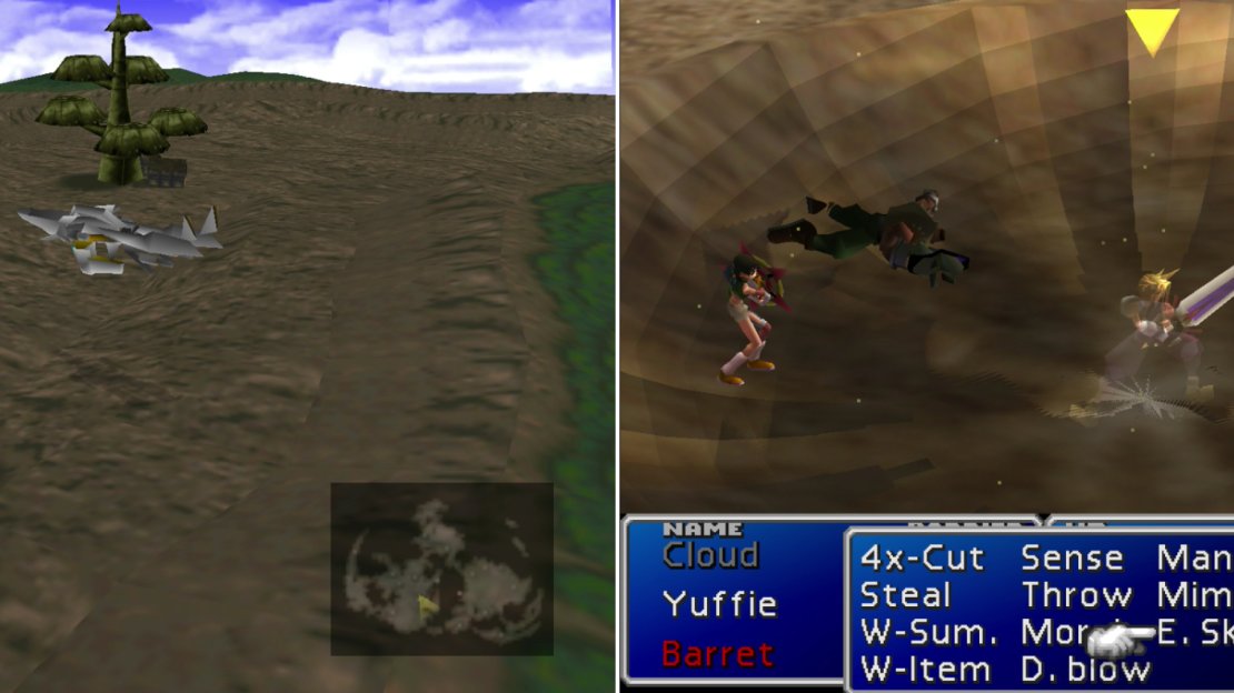 You can see Ruby Weapon lurking in the desert around the Gold Saucer (left). Enter combat with two characters dead, or Ruby Weapon will use “Whirlsand” to remove some character from the fight (right). Fighting Ruby Weapon at less than three-to-one odds is a recipe for disaster.