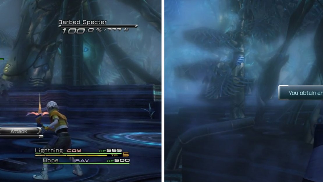 Barbed Specter (left) is weak to fire. Collect the Edged Carbine (right)