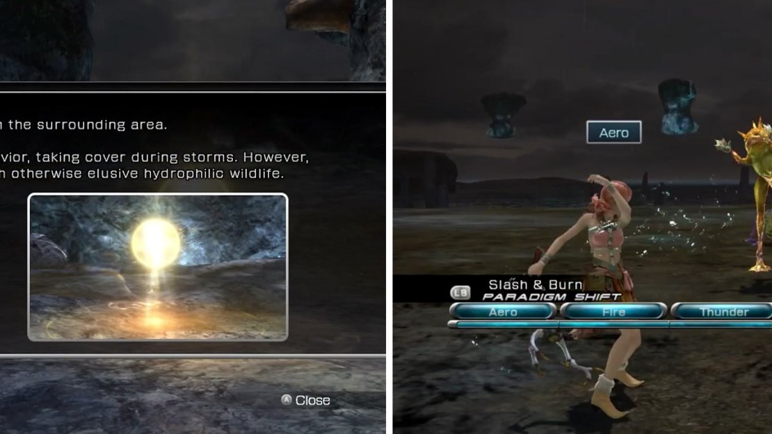 Weather orbs explanation (left) and the Mud Frog enemy (right).