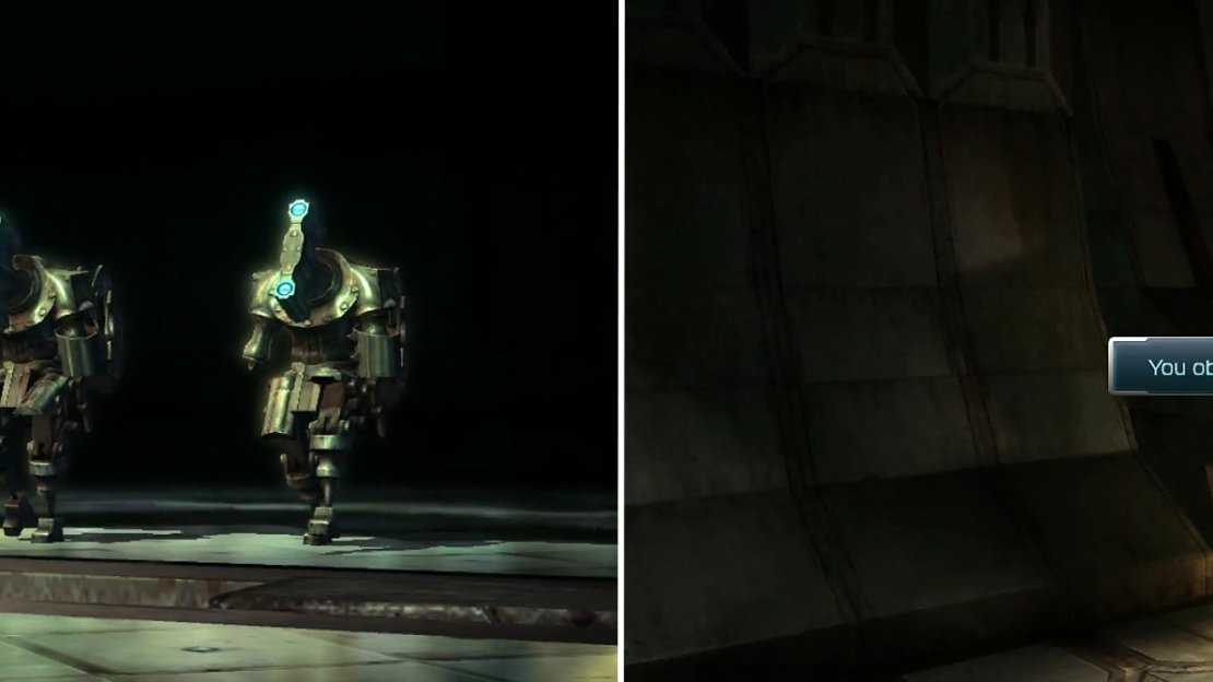 Enemies will be released from doors at the sides of the room (left). Later, you can find Snow’s Feymark weapon (right).
