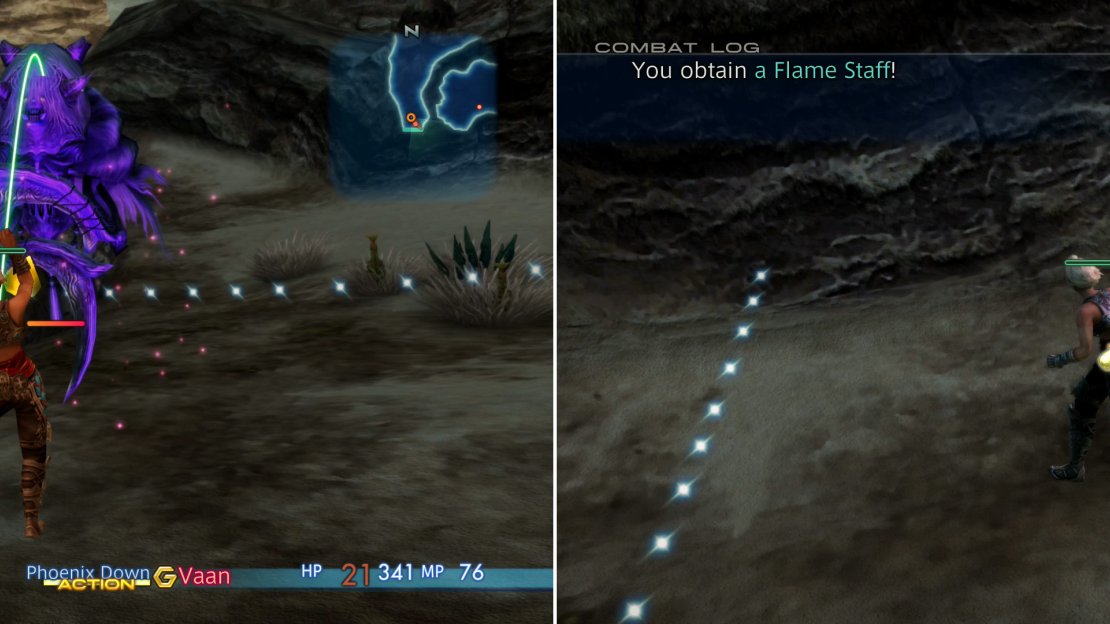 Dustia can be instantly slain by using a Phoenix Down (left) and if you’re fortunate, you may obtain a Flame Staff (right).