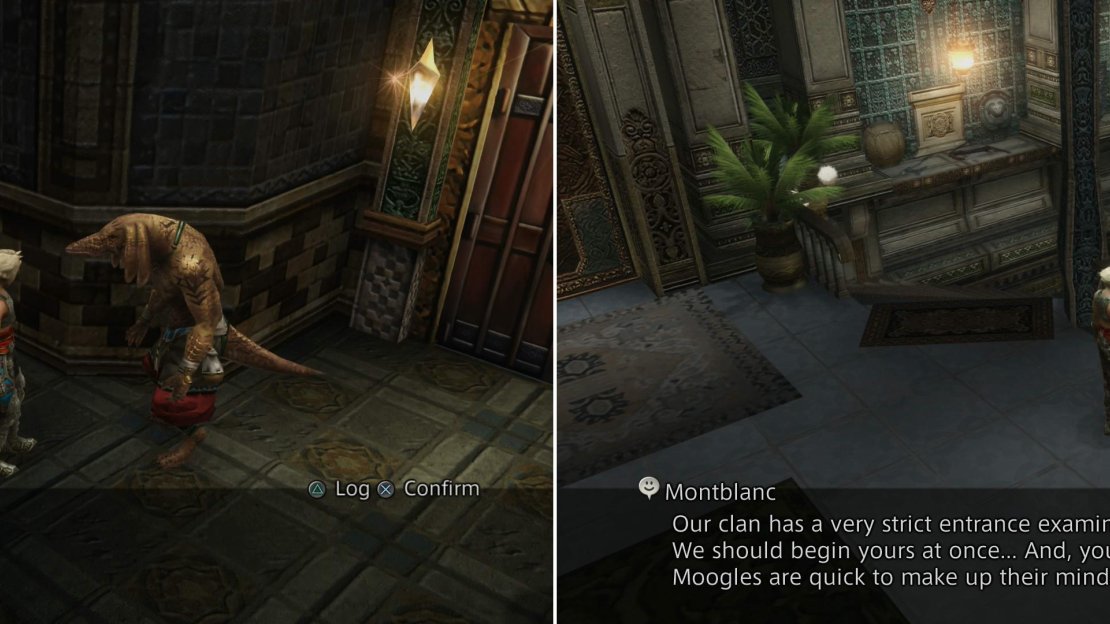 Talk to the Conspicuous Bangaa outside The Clan Hall to gain admittence (left) then talk to Montblanc to join Clan Centurio (right).