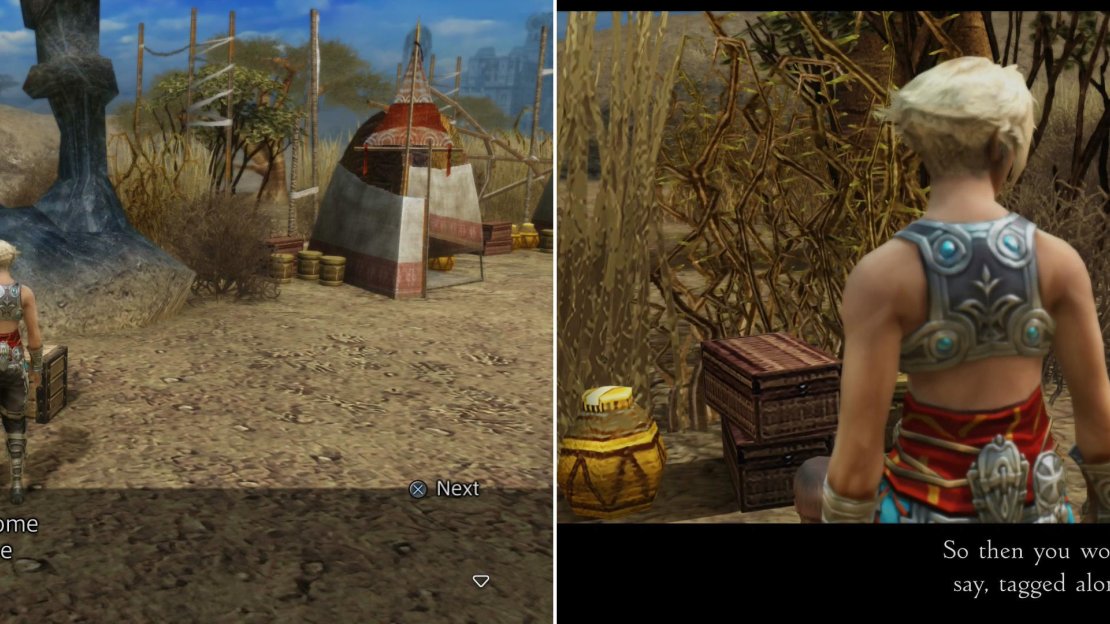 Talk to Masyua near the dark crystal and she’ll off you a job by which you can earn a Sunstone (left). Penelo will stop you as you leave the Nomad Village and insist on joining you (right).