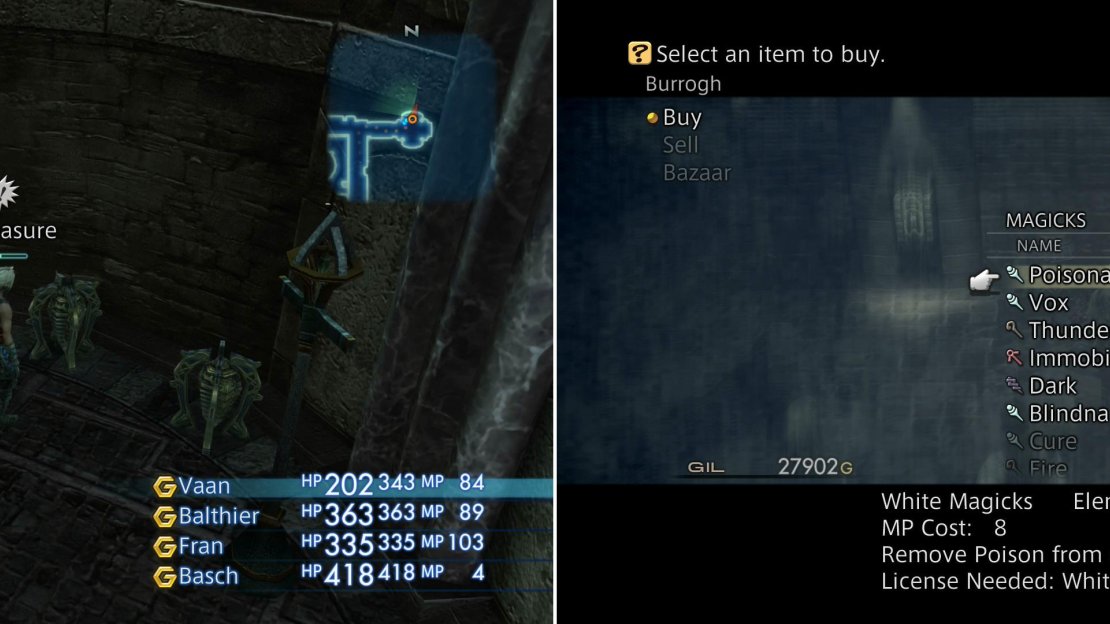 Loot the treasure chests in a dead-end passage, one of which possesses a great deal or Gil (left). Visit the Bangaa merchant Burrogh to sell off loot and buy a few new spells (right).