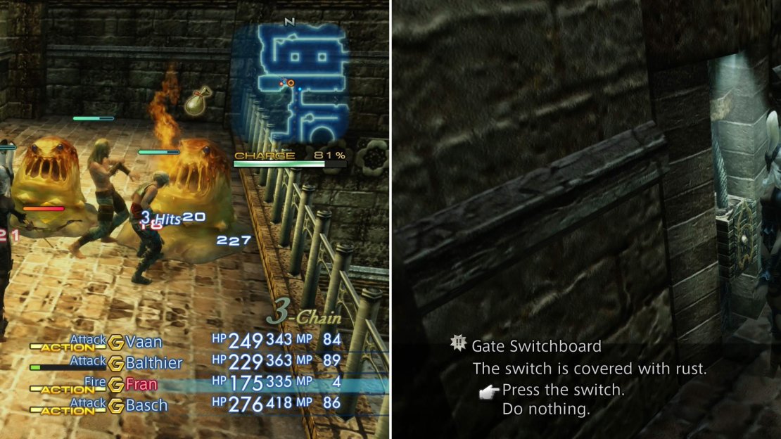 More Flans - now normal enemies - lurk in Barheim Passage, but Fran’s Fire magick works just as well here as in Garamsythe (left). Flip a switch to open another gate (right).