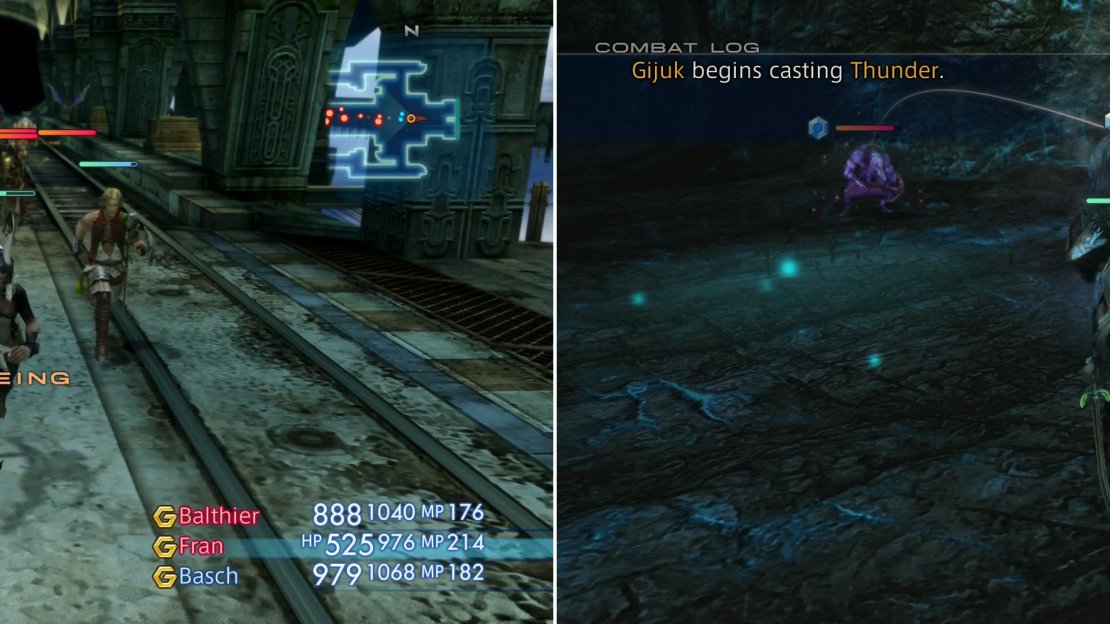 To deal with your Bangaa problem, you can simply flee back through the Lhusu Mines (left), or you can stand up and fight them (right).