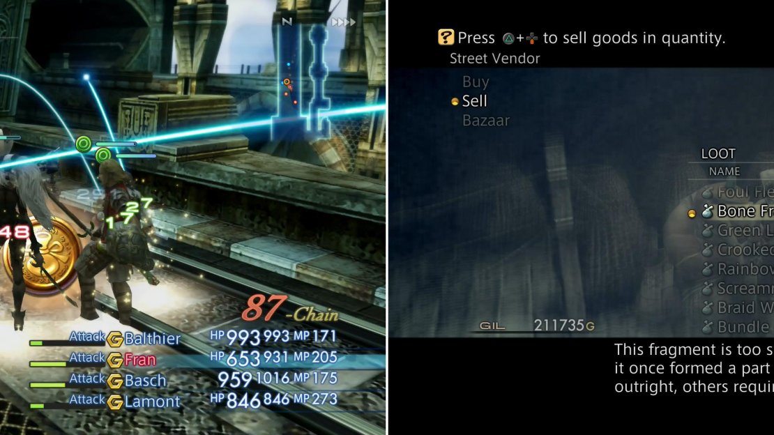 Undead are the only enemies that spawn in the Shunia Twinspan, allowing you to easily chain them (left). A full stack of Bone Fragments will net you a health amount of Gil (right).