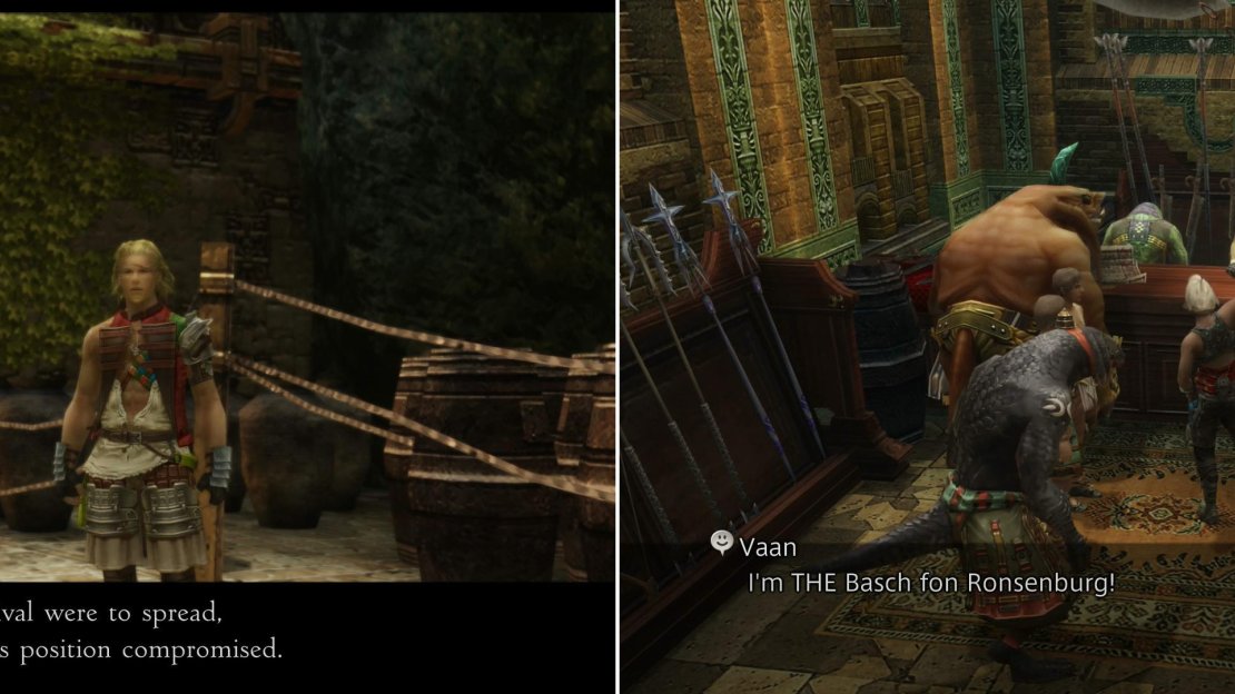 Balthier and Basch will conspire to get an audience with Ondore (left) for which purpose they’ll employ Vaan to cause a commotion (right).