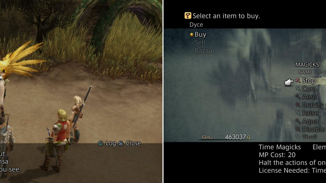 Talk to the mounted merchant to gain some advice about a foe looming ahead (left). You can also buy new magicks from him (right).