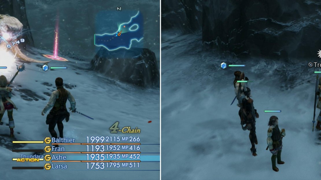 Don’t let its size fool you, the Yeti can be brought down by Lightning just like most foes in the Paramina Rift (left), speaking of which, be sure to grab the Storm Spear out of the urn so your Uhlan can contribute (right).