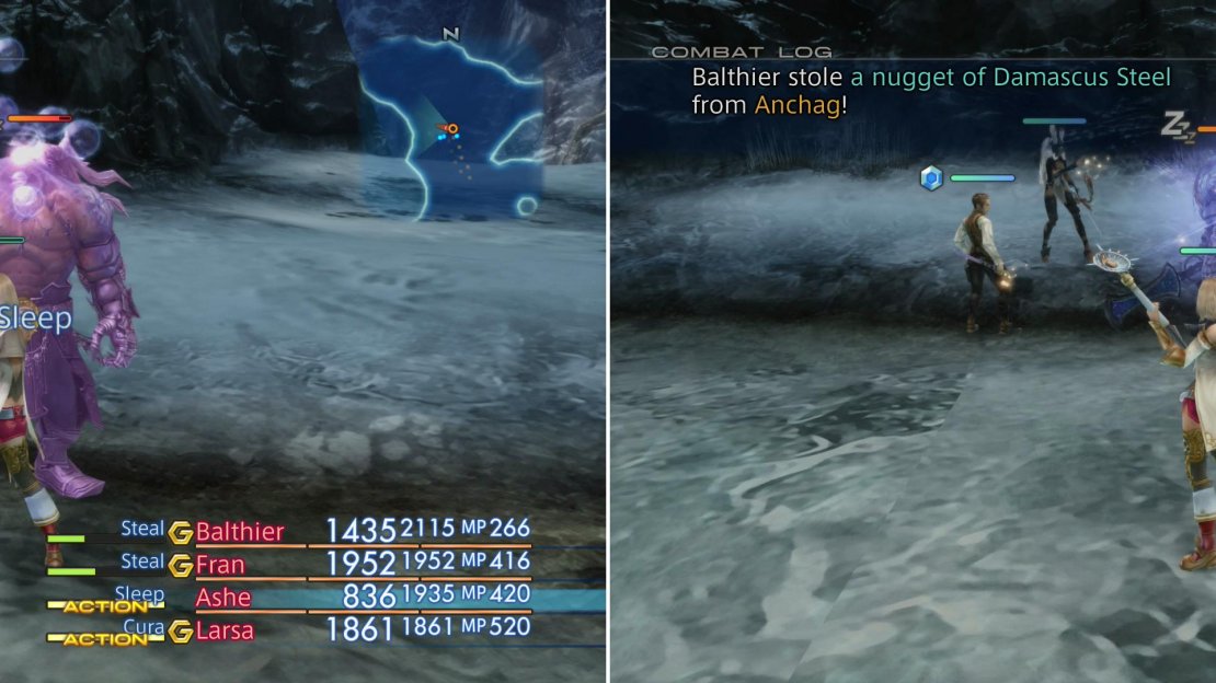 Anchag might be powerful, but he’s also susceptible to Sleep (left). Use this to your advantage and neutralize hit attacks while you steal Damascus Steel from him (right).