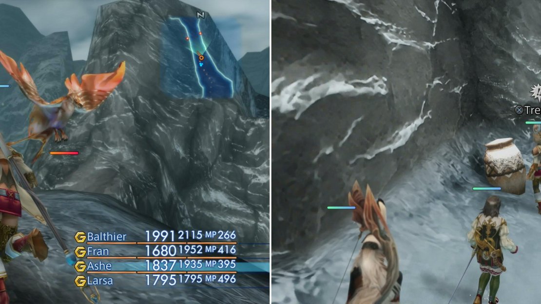 In the Spine of the Icewyrm area you’ll have to pass a trapped stone bridge guarded by Garuda-Egi (left), beyond which you’ll find an urn with the Revive magick inside (right).