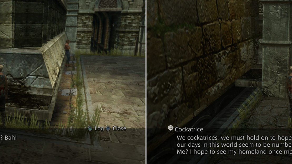 The Stranded Merchant in Old Archades doesn’t sell much of interest, but he can give you access to the Bazaar (left). If you picked up the Feather of the Flock, you can talk to an old Cockatrice (right).