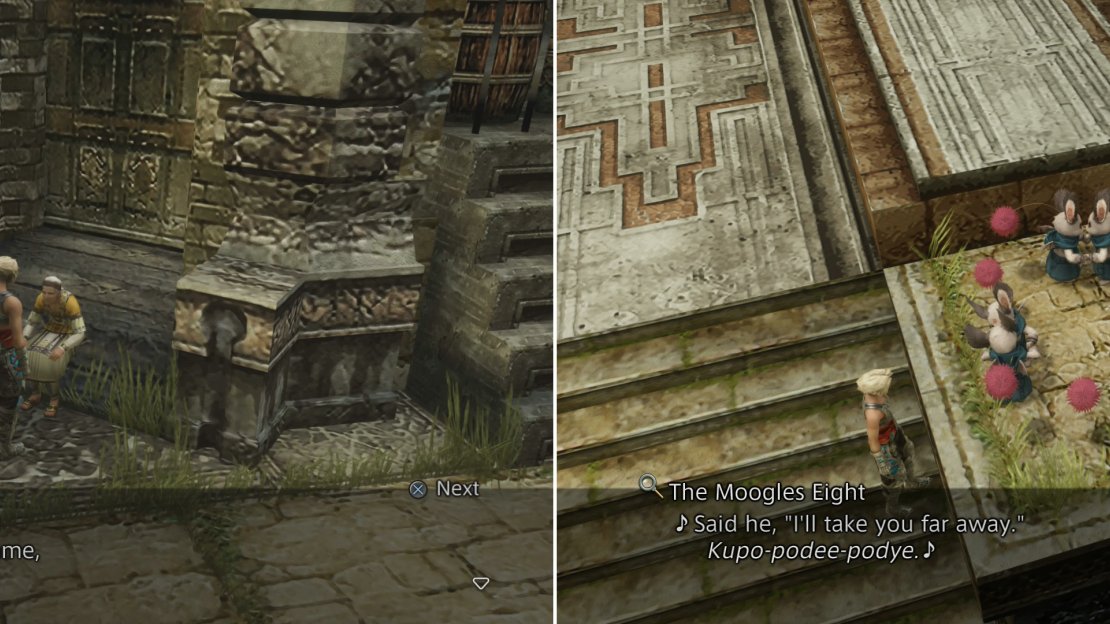 Various characters in Old Archades will reveal important information (left), which others, like these dancing Moogles, are apparent recipients of such information (right).