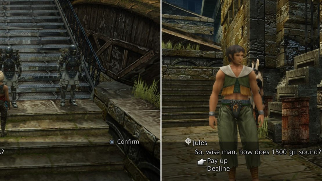 The way to Archades proper is blocked by some Imperial soldiers (left), but a steetear named Jules will offer to help you… for a price (right).