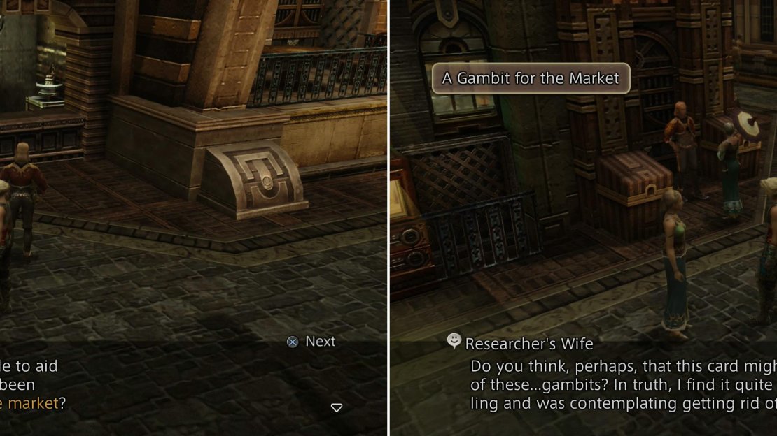 Talk to the Lazy Profiteer, who dreams of a “gambit for the market” (left), then chat with the Researcher’s Wife (right).