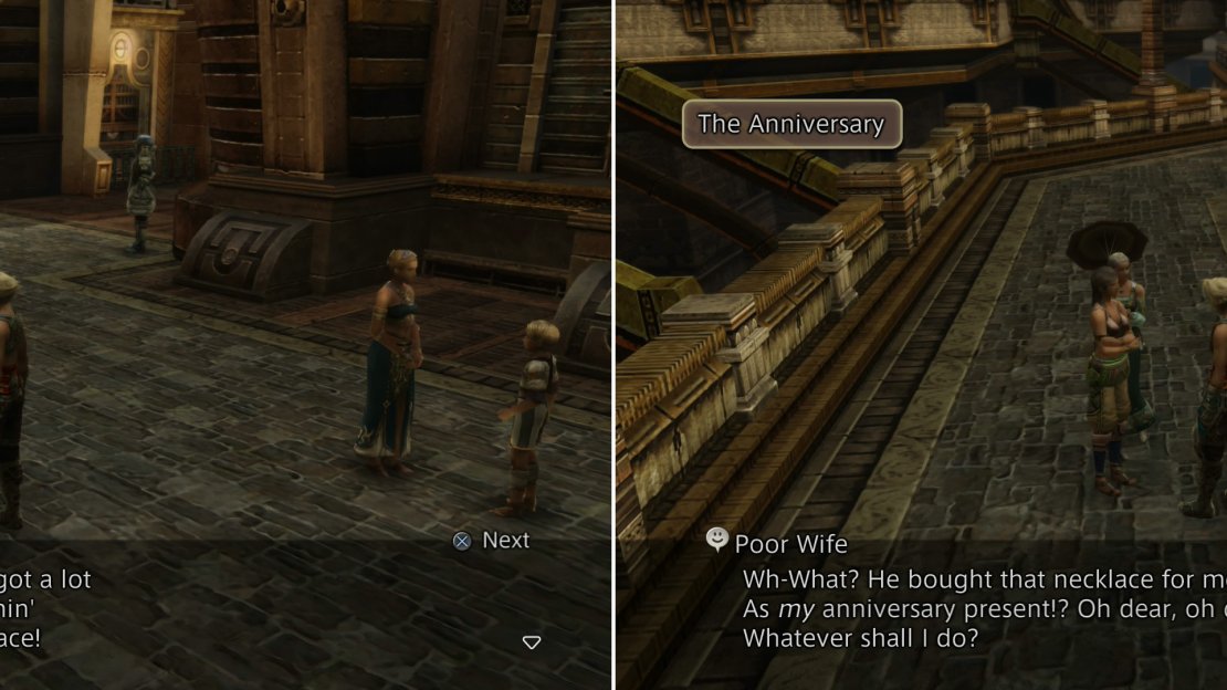 A Poor Husband reveals his “anniversary” gift to you (left), but a conversation with his Poor Wife reveals an unforeseen complication (right).