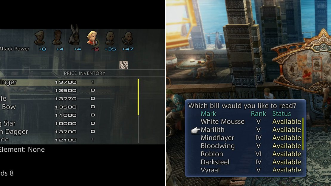 You can buy a variety of new arms and armor at Balfonheim Port (left), as well as check out a variety of hunts (right).