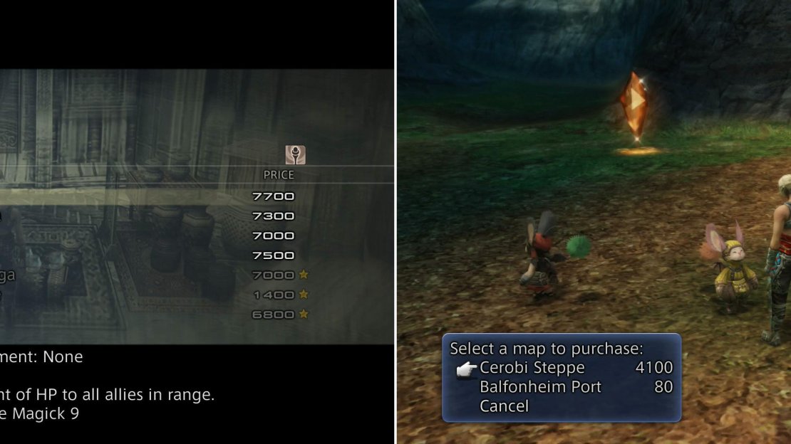 Be sure to pick up the new magicks for sale here, including the tremendously useful Curaja (left). As is the norm, you can also pick up maps by visiting a Cartographer Moogle (right).