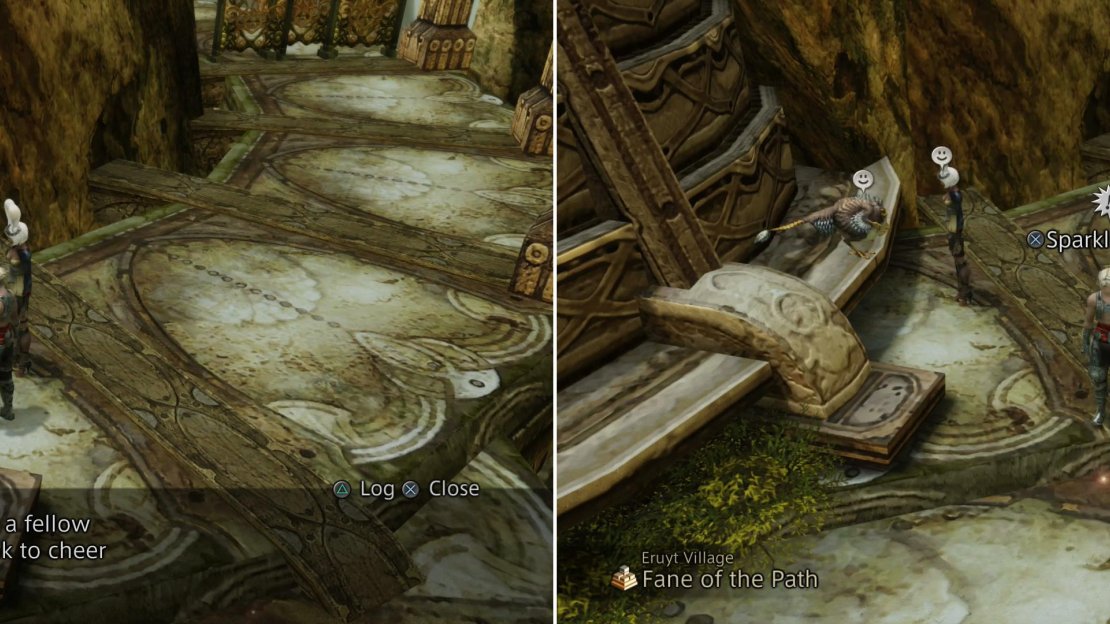 A Cockatrice named Chit will ponder how she can cheer up Mjrn (left), after which you can pick up just the trinket required - a Dewdrop Pebble (right).