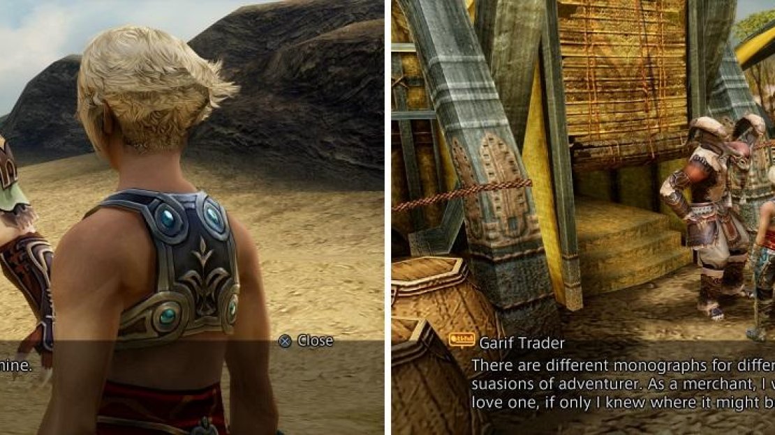 The War-Chief lets you inside the village (left). The merchant here mentions something called Monographs (right).