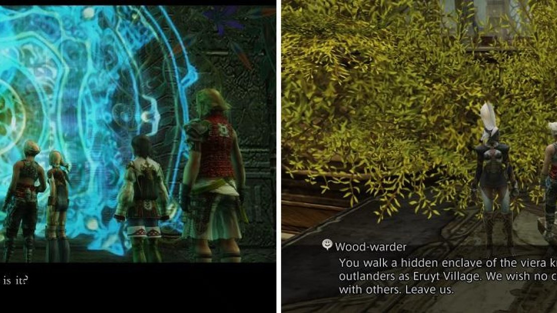 There are barriers blocking your progress during your first visit to Golmore Jungle (left). The Viera aren’t very welcoming of outsiders to their village (right).