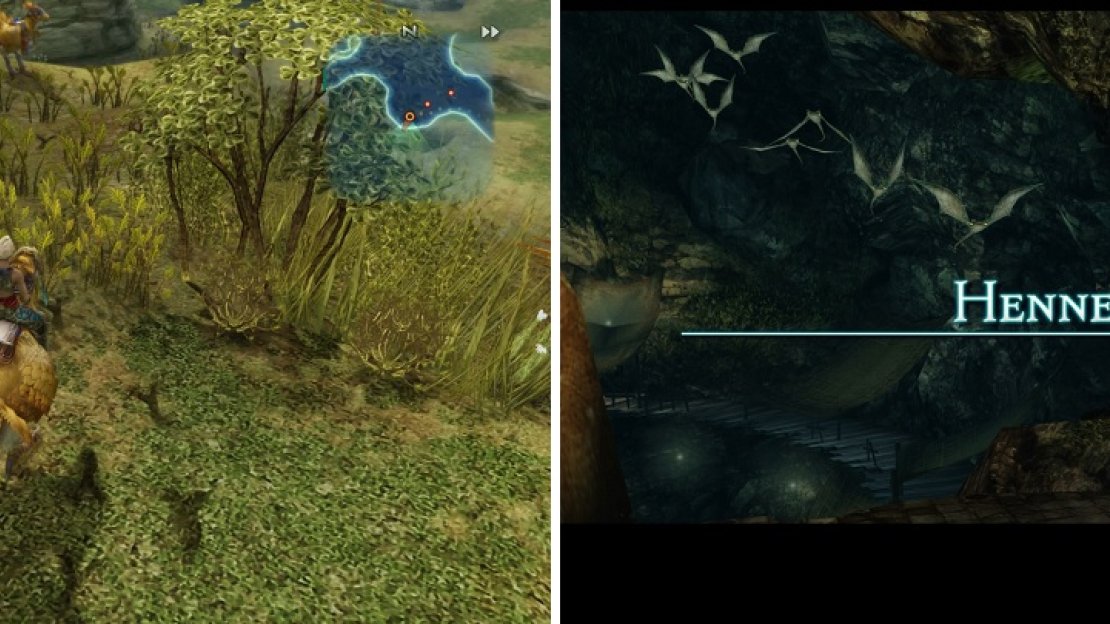 Look for the tracks while riding a Chocobo (left) to find the entrance to Henne Mines (right).