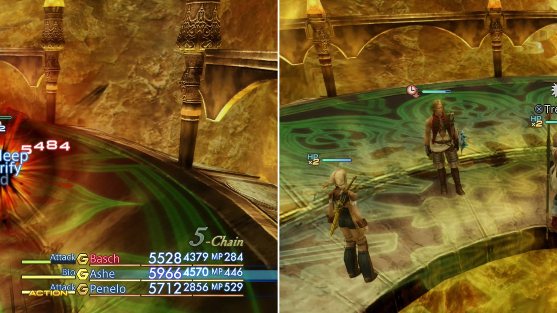 Perhaps the most annoying critter in the Great Crystal is the Ose, as their Hell Blaster attack deals great damage and inflicts numerous status effects (left). The treasures throughout the Great Crystal make enduring their attacks worthwhile, however (right).