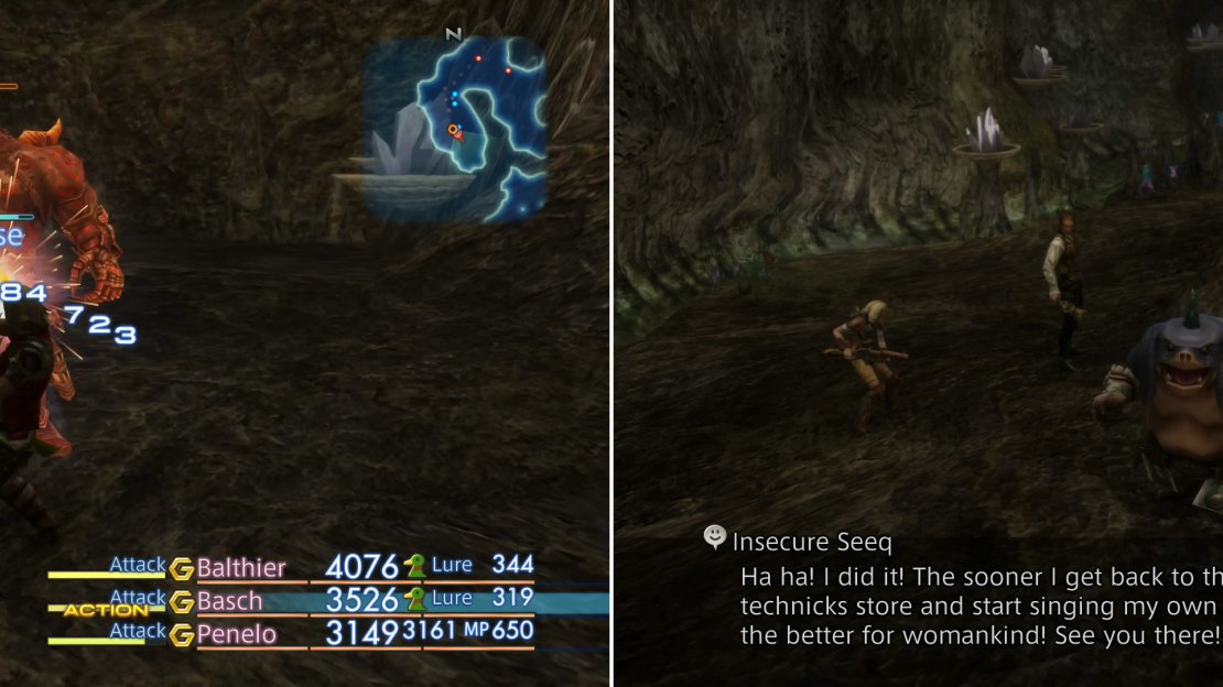 A Knight with a Karkata can perpetually keep Overlord off-balance by inflicting Confuse (left). After you’re victorious, the Insecure Seeq will take the glory, and invite you to meet him back in Archades for your reward (right).