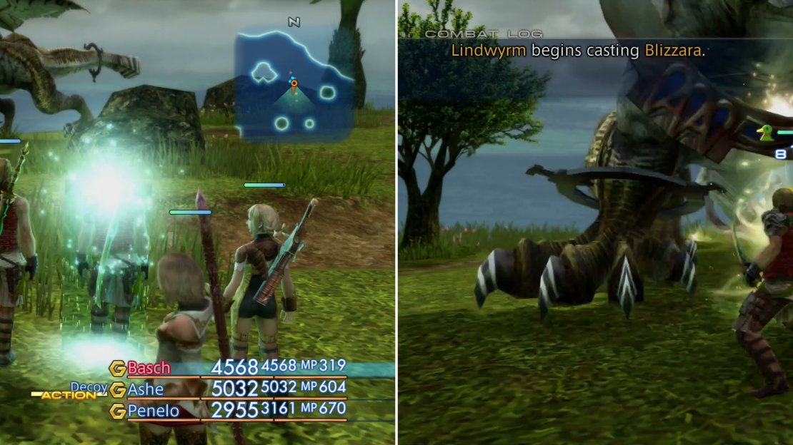 Cast Decoy on your tank (left) then engage Lindwyrm to draw its attention (right).