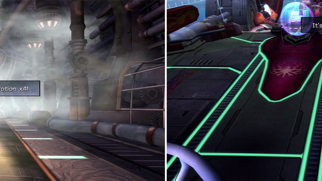Remember to check the Engine Room again for items (left) and then speak with Shinra to learn about Commspheres (right).