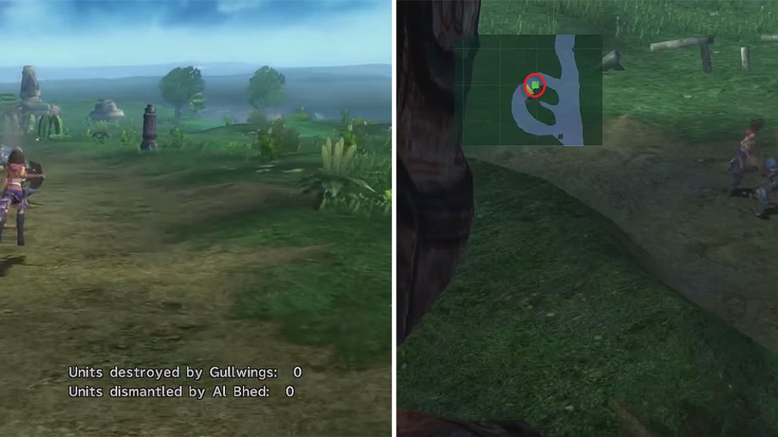 Run up to the machina to initiate combat (left). You can find the machina by looking for the green squares on your minimap (right).