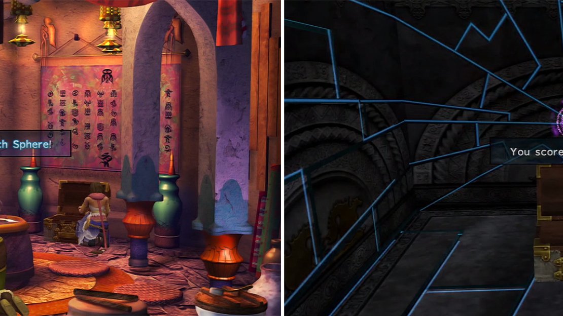 You can use the Besaid Key on the chest to get the Search Sphere (left). This allows you to search for spheres around Besaid needed for Wakka’s cave. In the temple, you won’t have to solve the Trials puzzle but there are still items (right).