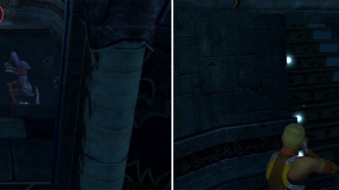 Jump over this gap (left) to get the items here. The temple has a few chests littered around. The pedestals are random as to which one opens the way to the Chamber of the Fayth (right).