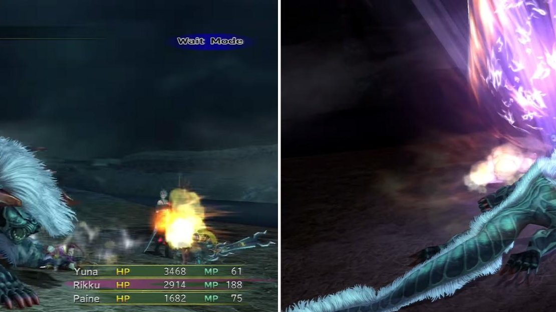 Humbaba has a few nasty tricks up his sleeve: Uppercut (left) does moderate damage but more dangerous is the Meteor (right) he will use as he dies. Keep your HP topped up!