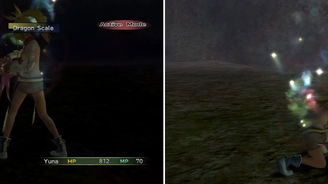Rikku’s attacks are limited to a few grenade-types and her normal attack (left). As the enemy’s health gets lower, they will drop to their knees (right).