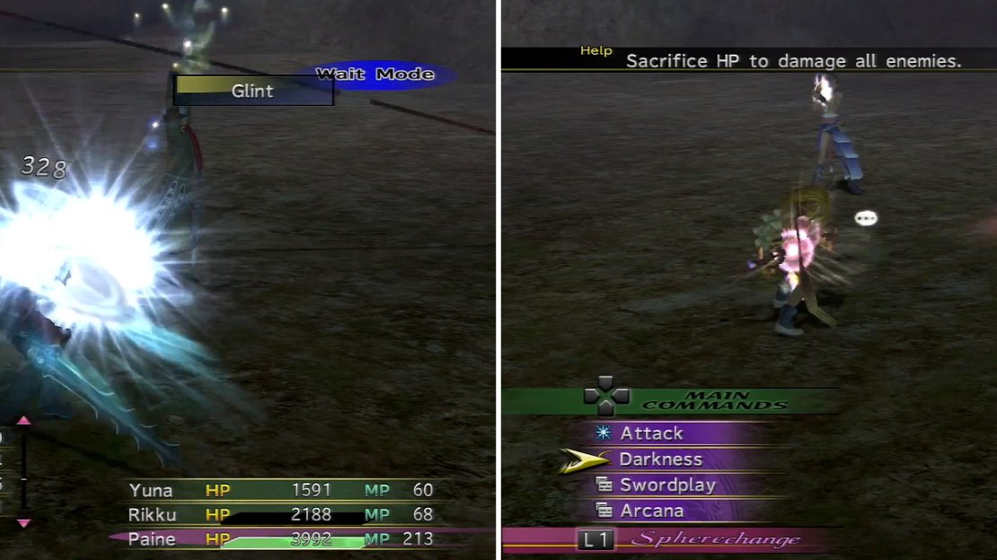 Baralai uses Glint (left) to hit everyone, and later, the nasty Drill Shot (right) which can be mitigated with Protect.