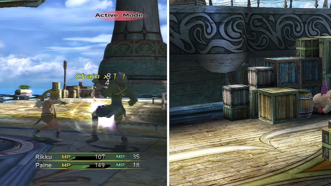 If you time your attacks, you can Chain them (left) to increase damage. Find the person hiding in the Moogle outfit (right), as this counts towards 100% game completion.