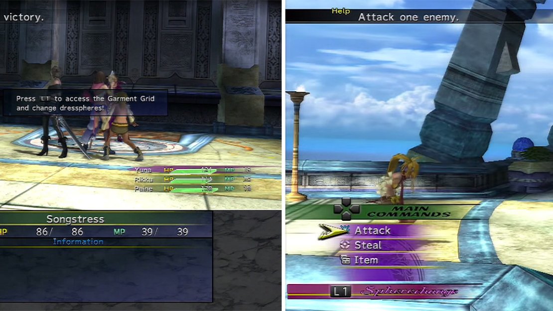 The Garment Grids (left) each have their own parameters and dressphere allowances. Songstress (right) is the Bard of FFX-2 by which they can debilitate enemies using status ailments.