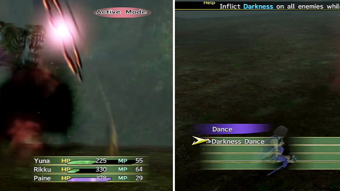 Flame Breath (left) is quite powerful so if you have Fire resistance, use it now. Power Break and Darkness Dance (right) are great ideas for this battle.