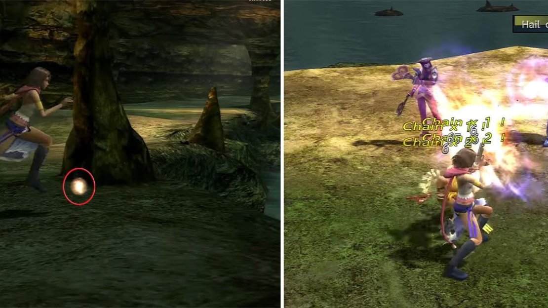 Along the path south you can find Yuna’s Special Dressphere (left) which initiates the boss fight. Logos can use Hail of Bullets (right) to hit all party members.