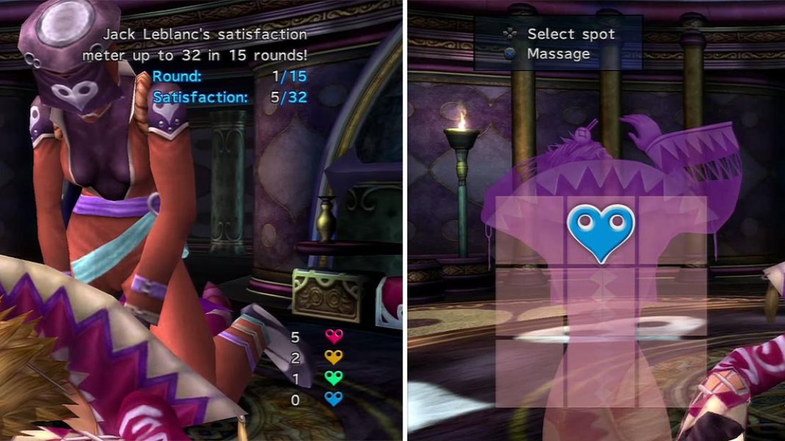 You need to figure out where Leblanc likes the massage. If she doesn’t like a point it will turn blue (right) and she will tell you.