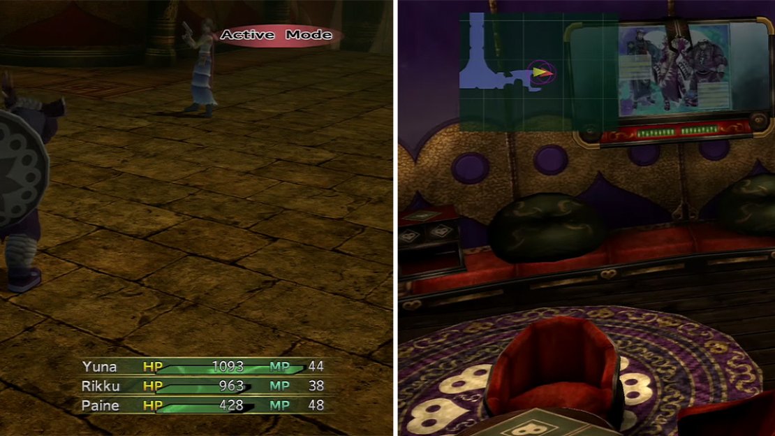 When Ormi starts clapping his hands, he is about to use Huggles (left) so prepare for the strong attack. Later, finding the Crimson Sphere (right) results in another fight.