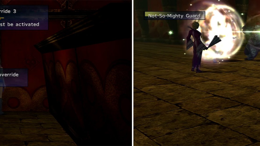 To get to the end, you need to deactivate the security measures found between the gaps of the platforms (left). During the Leblanc fight, she has access to a few annoying abilities like Not-So-Mighty-Guard (right) which should be Dispelled.