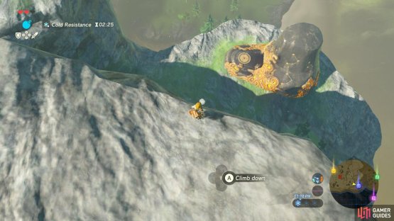 Climb down carefully to the shrine. Do not fall.