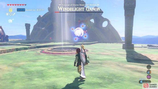 This charged gun attack is easy to dodge. Take advantage of the fact that Windblight Ganon is not moving to shoot it