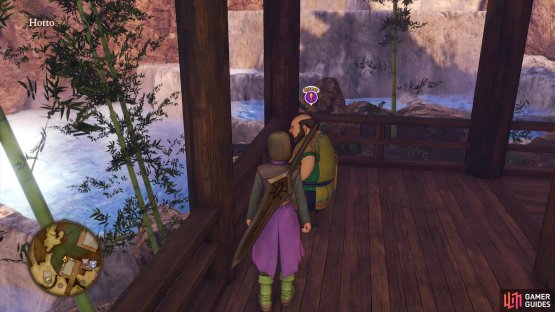 The quest giver can be reached by heading out the back of the bar