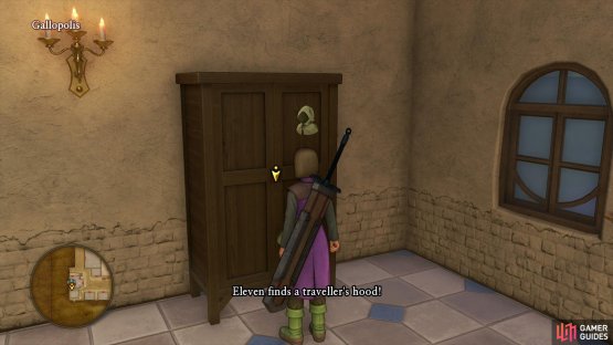 then search the wardrobe in the Church for a Traveller’s Hood which will alter the Hero’s appearance.