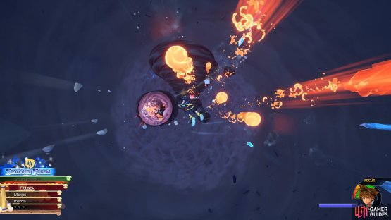 Avoid the blasts as you float down and attack at the end to inflict massive damage