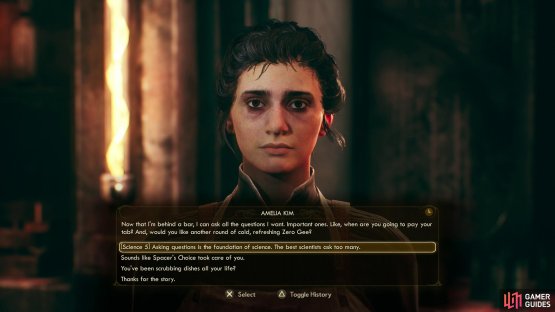 You can chat with Amelia in the cantina to attempt some dialogue checks